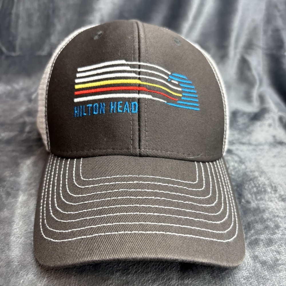 Hilton Head Trucker Cap Embroidered Gray White Wave Hat Snapback Cotton/poly